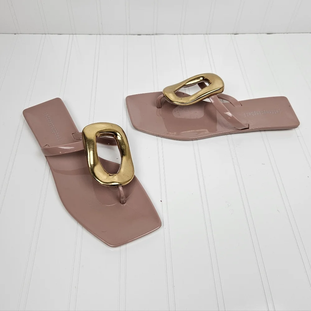 Jeffrey Campbell Pink Patent Thong Sandals with Gold Hardware